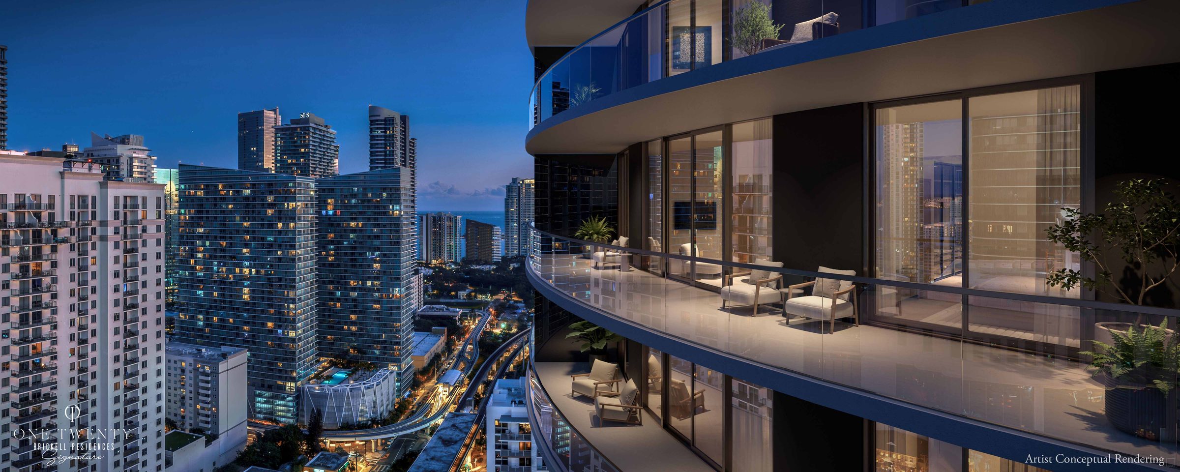 Artist rendering of a residence balcony at One Twenty Brickell Signature Residences